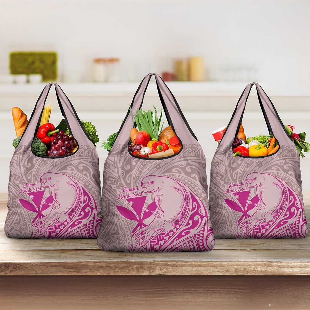 Hawaii Monk Seal and Map Grocery Bag Polynesian Kanaka Maoli Pink Vibe