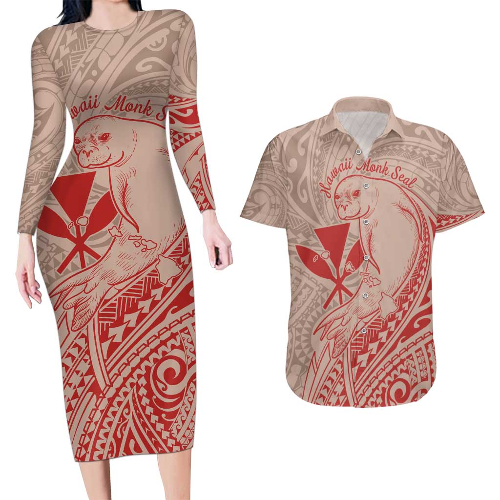 Hawaii Monk Seal and Map Couples Matching Long Sleeve Bodycon Dress and Hawaiian Shirt Polynesian Kanaka Maoli Red Vibe LT9 Red - Polynesian Pride