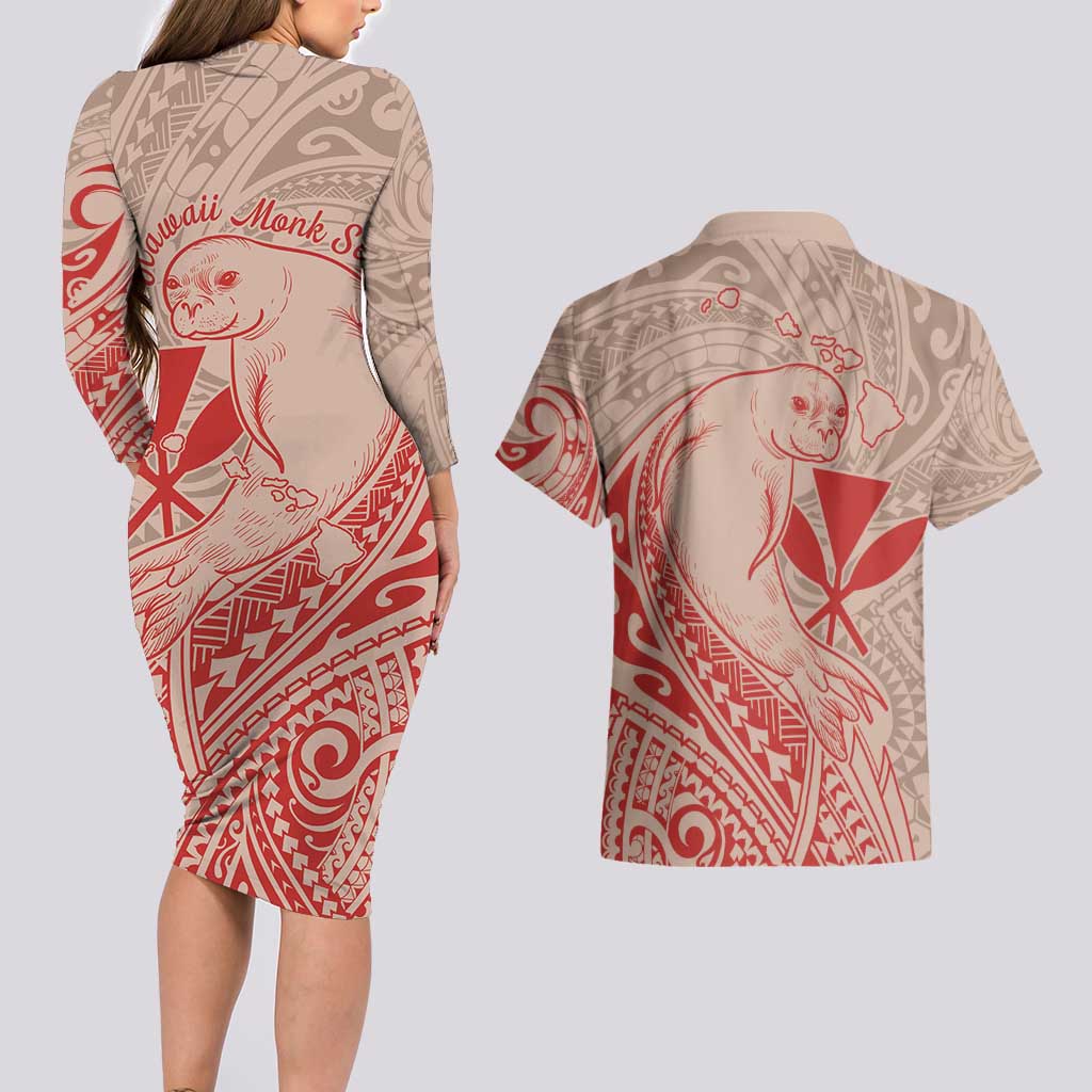 Hawaii Monk Seal and Map Couples Matching Long Sleeve Bodycon Dress and Hawaiian Shirt Polynesian Kanaka Maoli Red Vibe LT9 - Polynesian Pride