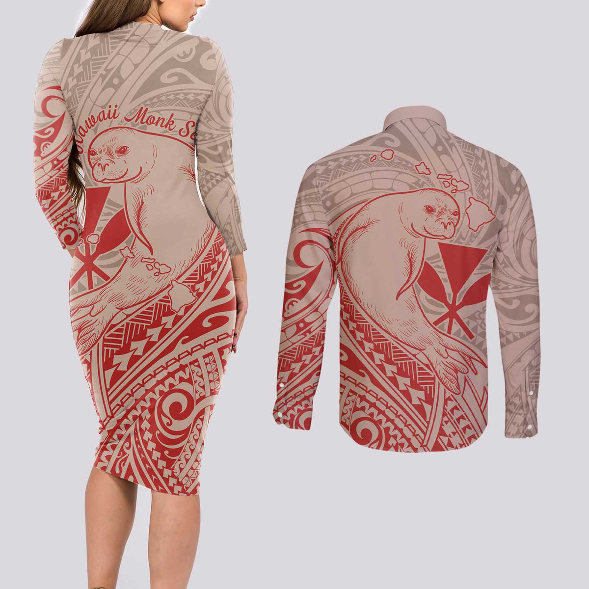 Hawaii Monk Seal and Map Couples Matching Long Sleeve Bodycon Dress and Long Sleeve Button Shirt Polynesian Kanaka Maoli Red Vibe