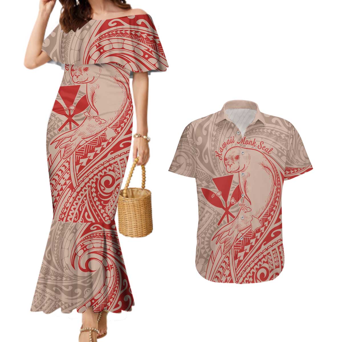 Hawaii Monk Seal and Map Couples Matching Mermaid Dress and Hawaiian Shirt Polynesian Kanaka Maoli Red Vibe LT9 Red - Polynesian Pride