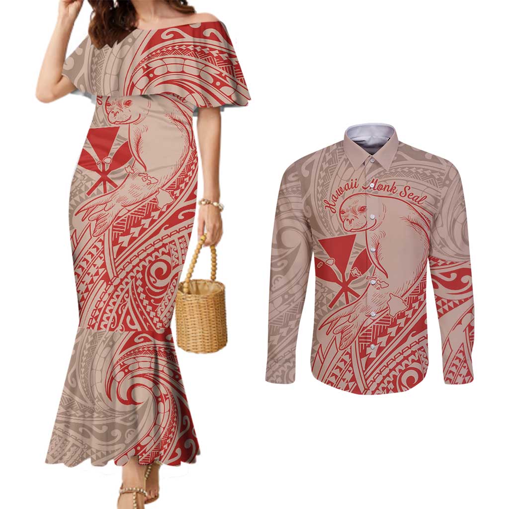Hawaii Monk Seal and Map Couples Matching Mermaid Dress and Long Sleeve Button Shirt Polynesian Kanaka Maoli Red Vibe
