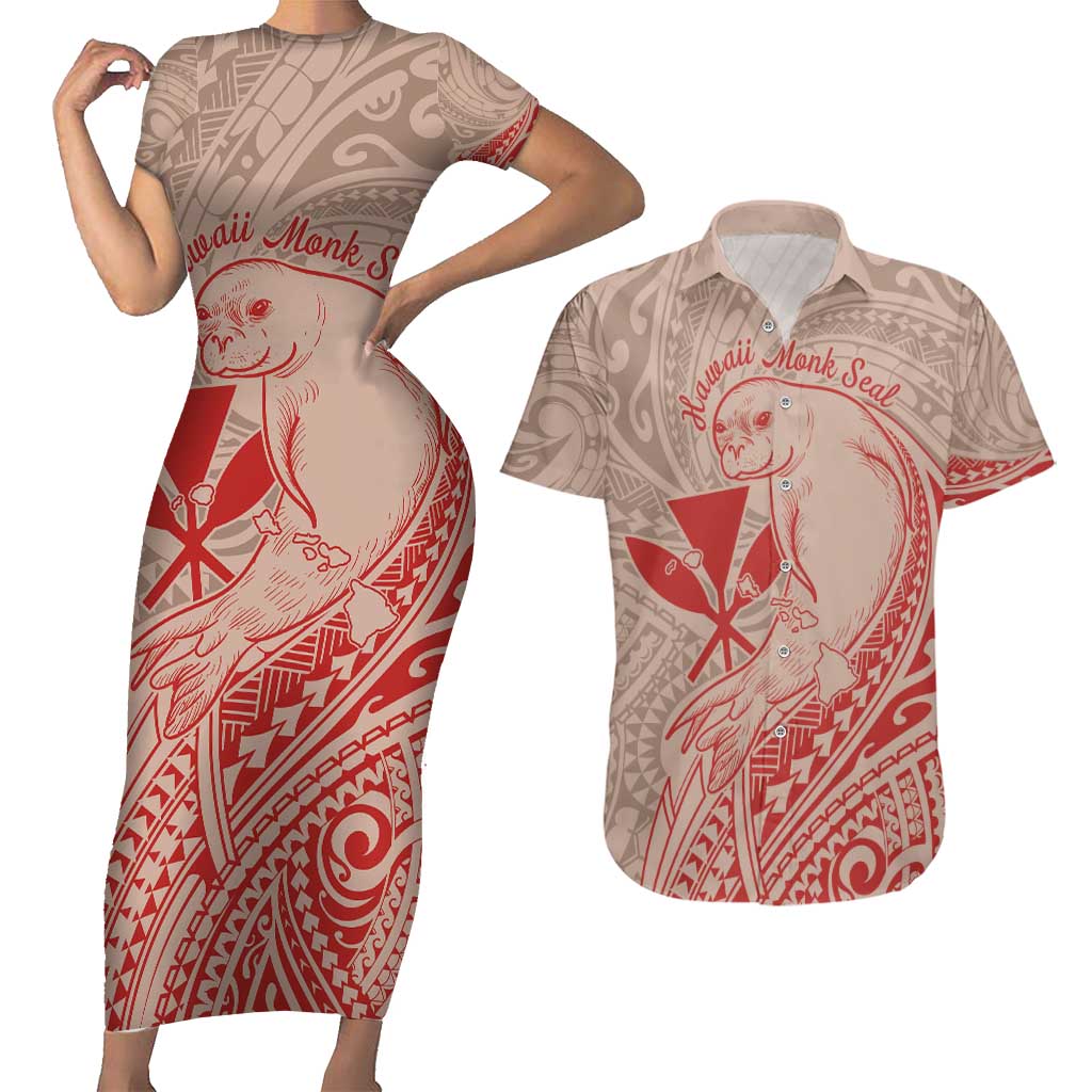 Hawaii Monk Seal and Map Couples Matching Short Sleeve Bodycon Dress and Hawaiian Shirt Polynesian Kanaka Maoli Red Vibe LT9 Red - Polynesian Pride