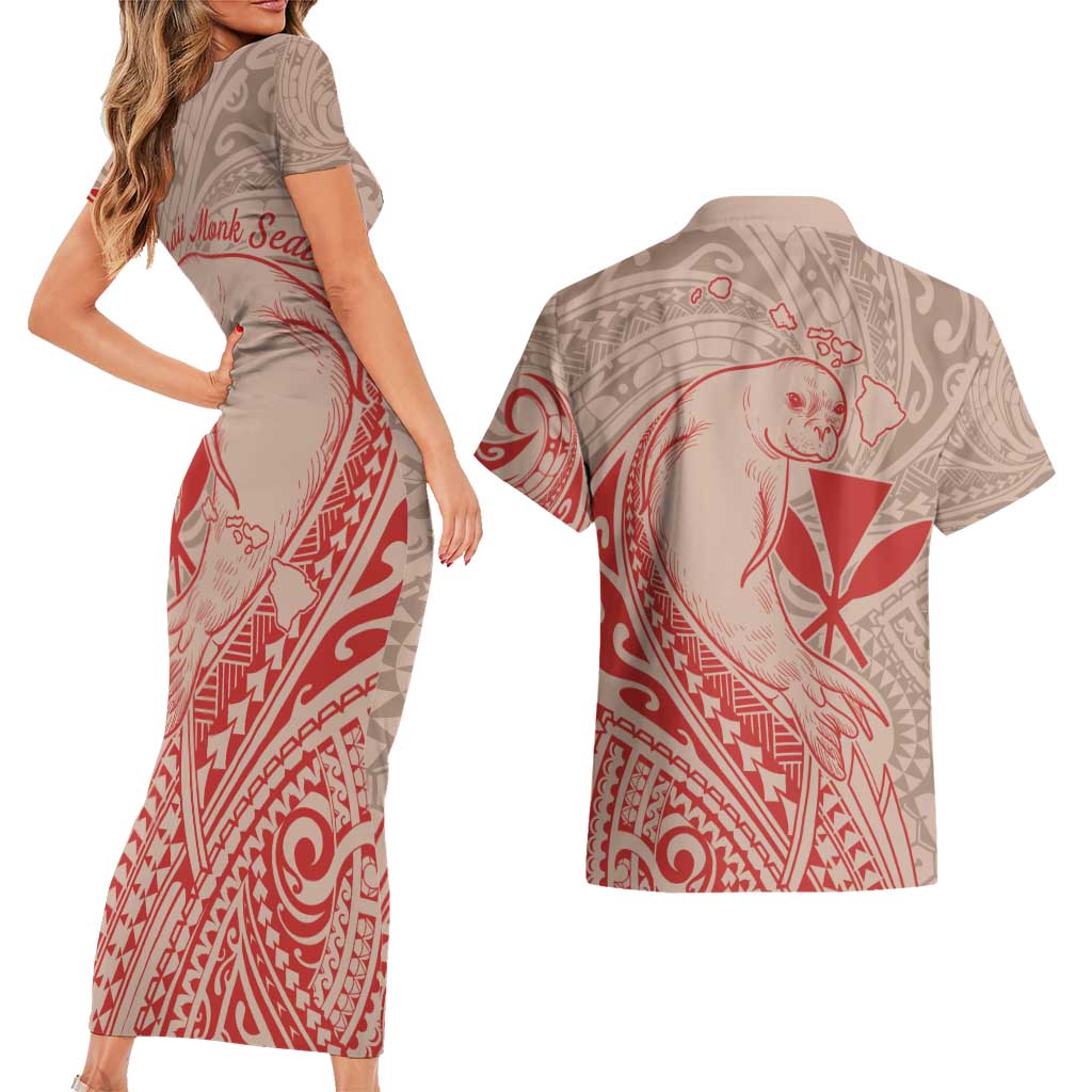 Hawaii Monk Seal and Map Couples Matching Short Sleeve Bodycon Dress and Hawaiian Shirt Polynesian Kanaka Maoli Red Vibe LT9 - Polynesian Pride