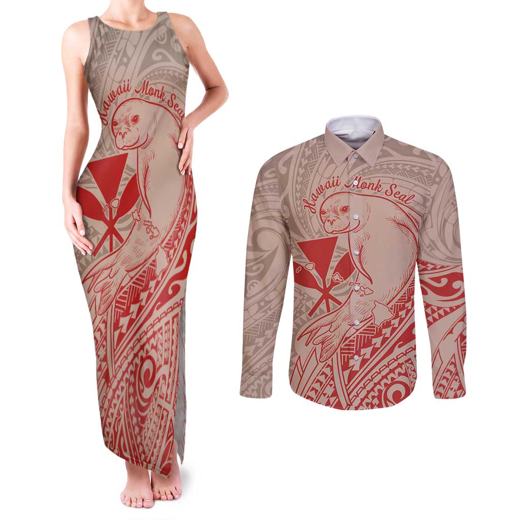 Hawaii Monk Seal and Map Couples Matching Tank Maxi Dress and Long Sleeve Button Shirt Polynesian Kanaka Maoli Red Vibe