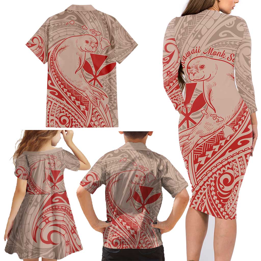 Hawaii Monk Seal and Map Family Matching Long Sleeve Bodycon Dress and Hawaiian Shirt Polynesian Kanaka Maoli Red Vibe LT9 - Polynesian Pride