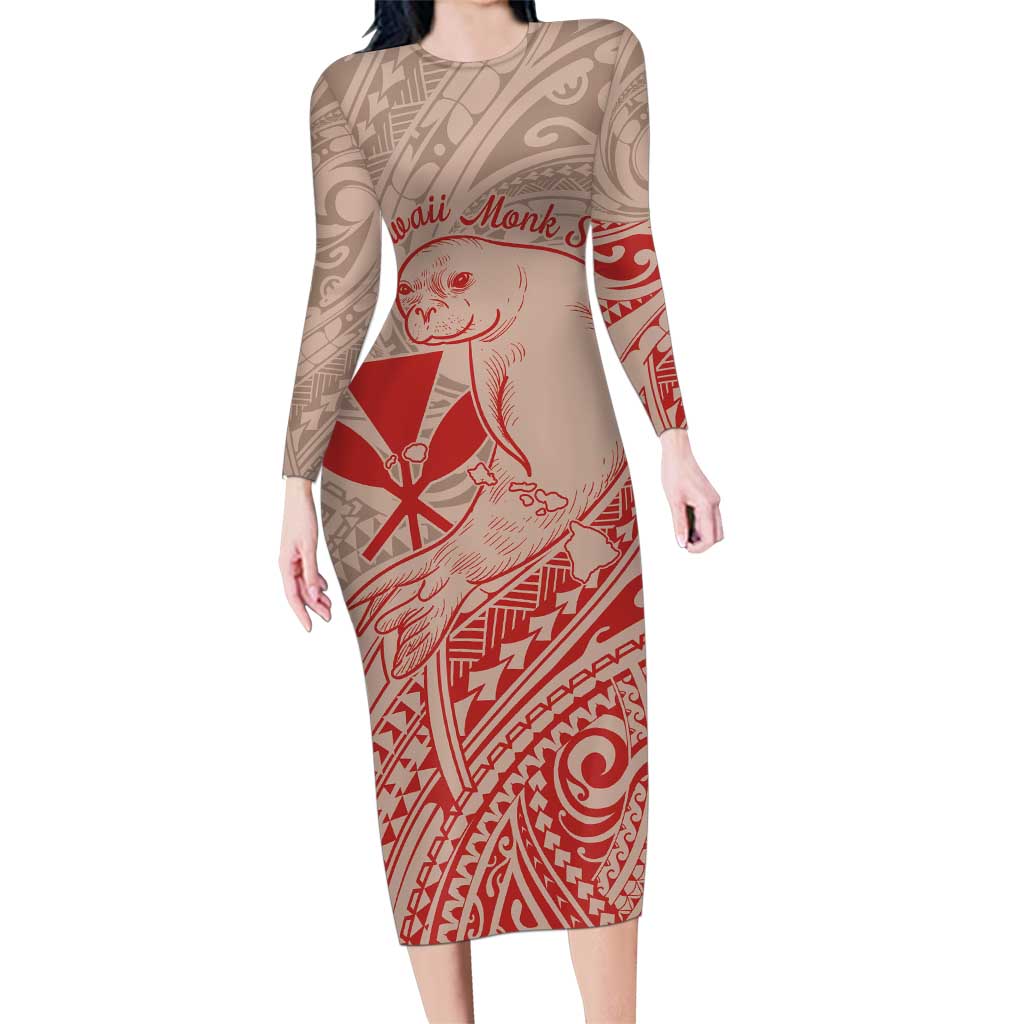 Hawaii Monk Seal and Map Family Matching Long Sleeve Bodycon Dress and Hawaiian Shirt Polynesian Kanaka Maoli Red Vibe LT9 Mom's Dress Red - Polynesian Pride