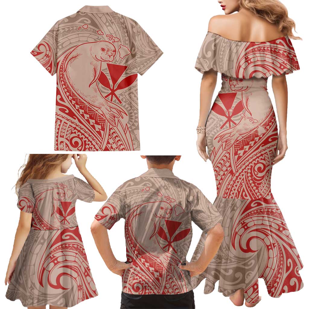 Hawaii Monk Seal and Map Family Matching Mermaid Dress and Hawaiian Shirt Polynesian Kanaka Maoli Red Vibe LT9 - Polynesian Pride