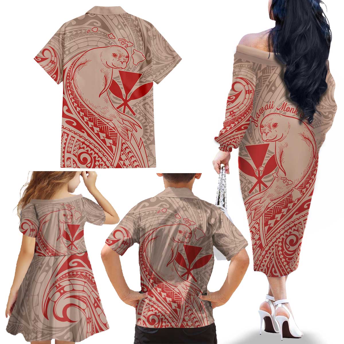 Hawaii Monk Seal and Map Family Matching Off The Shoulder Long Sleeve Dress and Hawaiian Shirt Polynesian Kanaka Maoli Red Vibe LT9 - Polynesian Pride