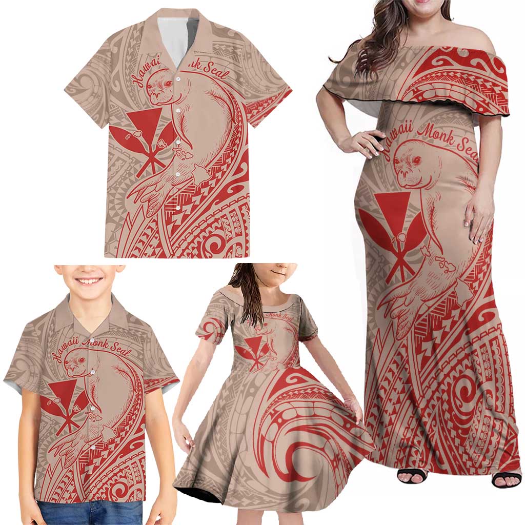 Hawaii Monk Seal and Map Family Matching Off Shoulder Maxi Dress and Hawaiian Shirt Polynesian Kanaka Maoli Red Vibe LT9 - Polynesian Pride