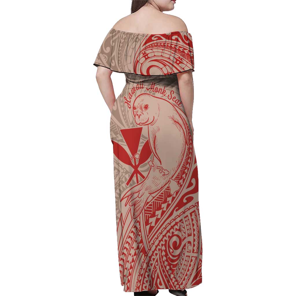 Hawaii Monk Seal and Map Family Matching Off Shoulder Maxi Dress and Hawaiian Shirt Polynesian Kanaka Maoli Red Vibe LT9 - Polynesian Pride