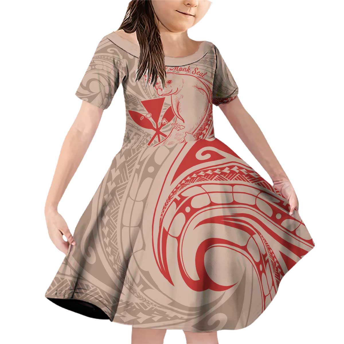 Hawaii Monk Seal and Map Family Matching Off Shoulder Short Dress and Hawaiian Shirt Polynesian Kanaka Maoli Red Vibe LT9 Daughter's Dress Red - Polynesian Pride