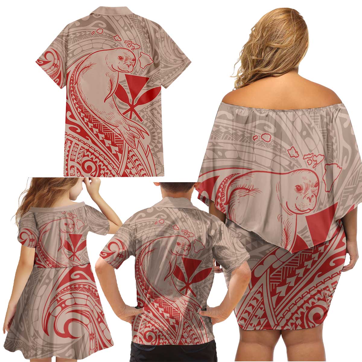 Hawaii Monk Seal and Map Family Matching Off Shoulder Short Dress and Hawaiian Shirt Polynesian Kanaka Maoli Red Vibe LT9 - Polynesian Pride