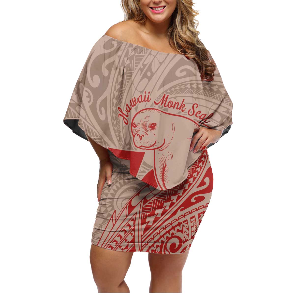 Hawaii Monk Seal and Map Family Matching Off Shoulder Short Dress and Hawaiian Shirt Polynesian Kanaka Maoli Red Vibe LT9 Mom's Dress Red - Polynesian Pride