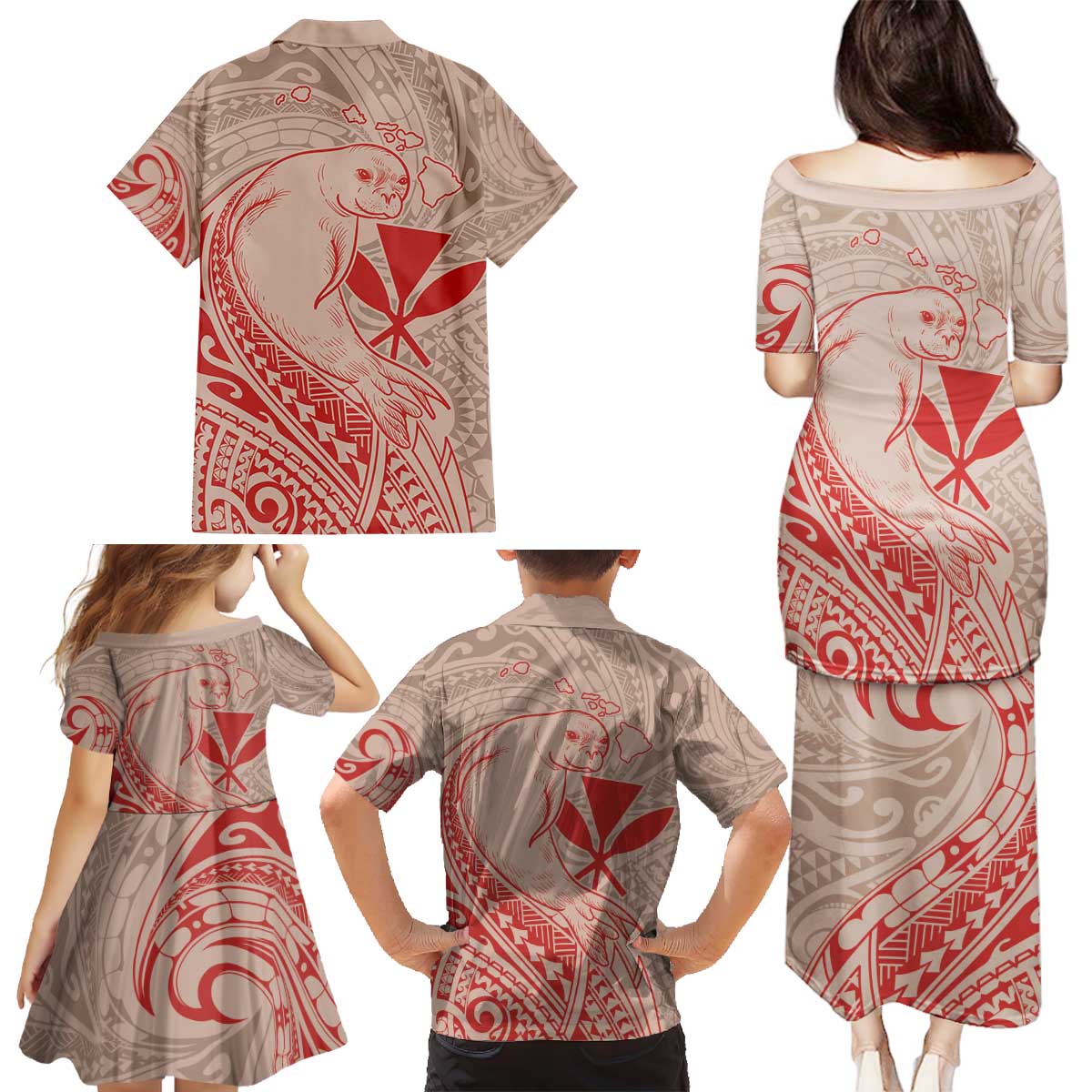 Hawaii Monk Seal and Map Family Matching Puletasi and Hawaiian Shirt Polynesian Kanaka Maoli Red Vibe LT9 - Polynesian Pride