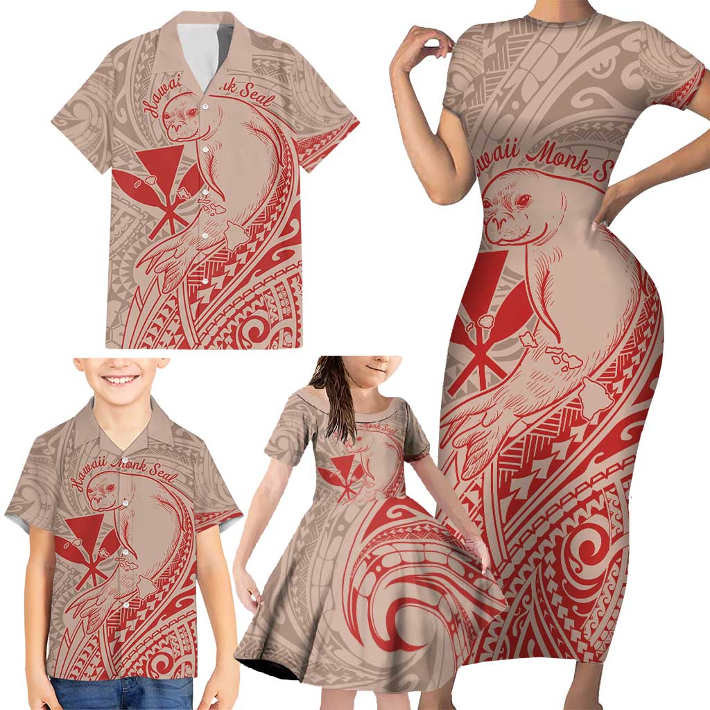 Hawaii Monk Seal and Map Family Matching Short Sleeve Bodycon Dress and Hawaiian Shirt Polynesian Kanaka Maoli Red Vibe LT9 - Polynesian Pride
