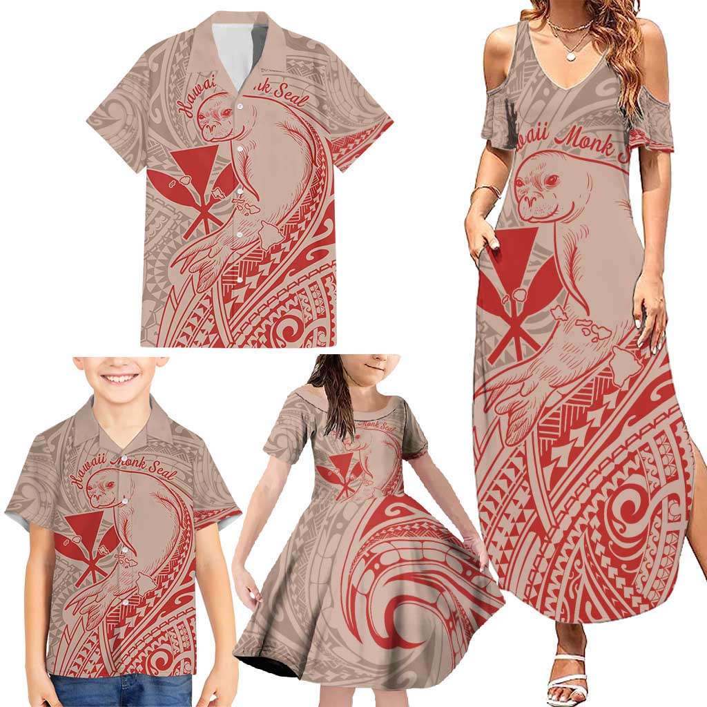 Hawaii Monk Seal and Map Family Matching Summer Maxi Dress and Hawaiian Shirt Polynesian Kanaka Maoli Red Vibe LT9 - Polynesian Pride