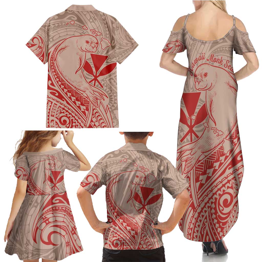Hawaii Monk Seal and Map Family Matching Summer Maxi Dress and Hawaiian Shirt Polynesian Kanaka Maoli Red Vibe LT9 - Polynesian Pride