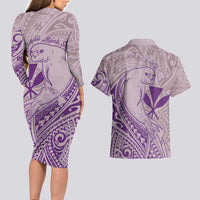 Hawaii Monk Seal and Map Couples Matching Long Sleeve Bodycon Dress and Hawaiian Shirt Polynesian Kanaka Maoli Violet Vibe LT9 - Polynesian Pride