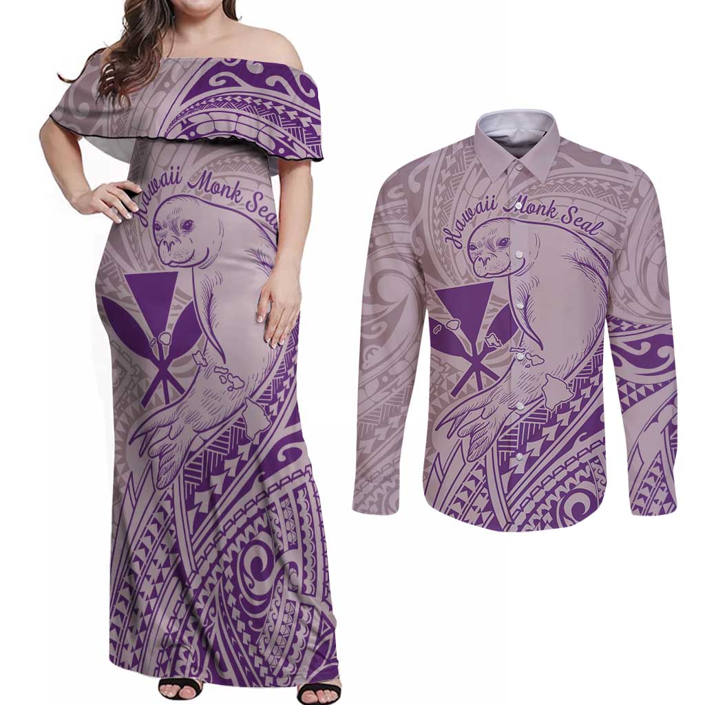 Hawaii Monk Seal and Map Couples Matching Off Shoulder Maxi Dress and Long Sleeve Button Shirt Polynesian Kanaka Maoli Violet Vibe