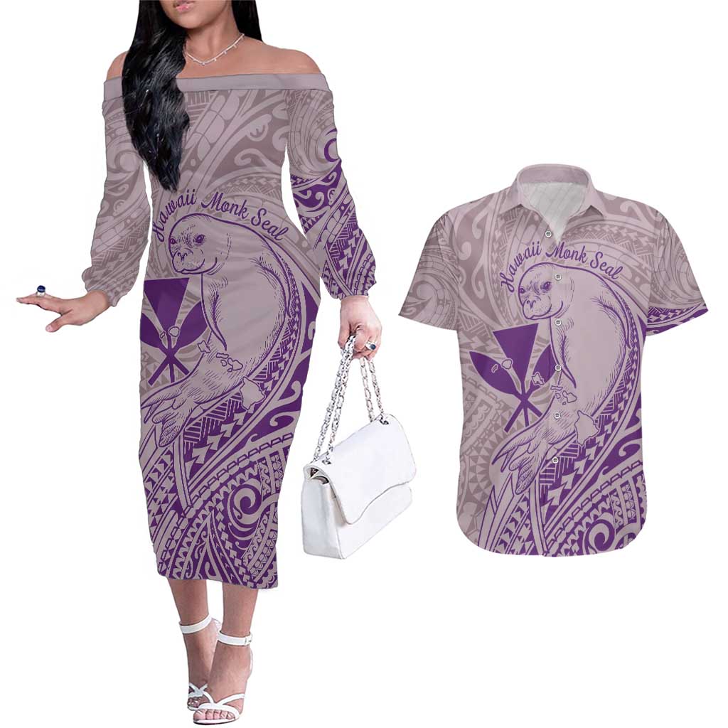 Hawaii Monk Seal and Map Couples Matching Off The Shoulder Long Sleeve Dress and Hawaiian Shirt Polynesian Kanaka Maoli Violet Vibe LT9 Violet - Polynesian Pride