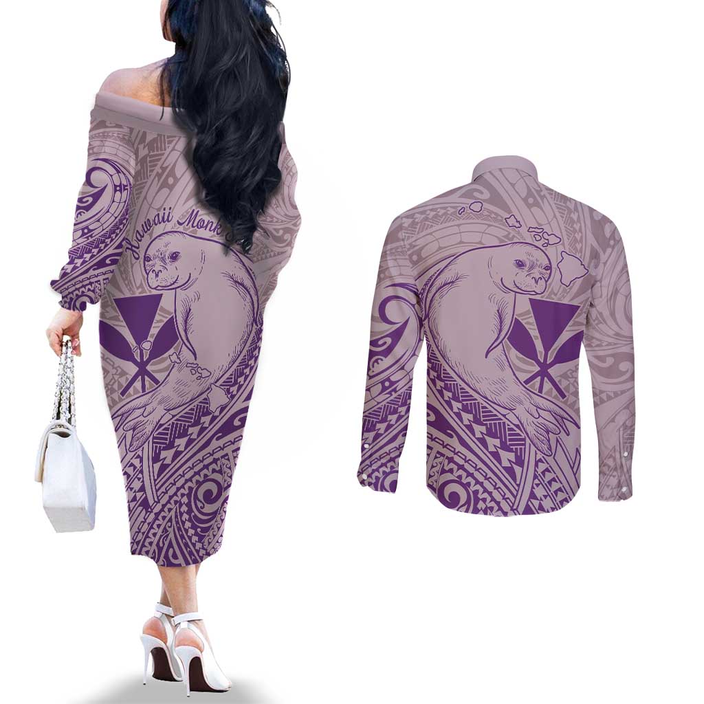 Hawaii Monk Seal and Map Couples Matching Off The Shoulder Long Sleeve Dress and Long Sleeve Button Shirt Polynesian Kanaka Maoli Violet Vibe