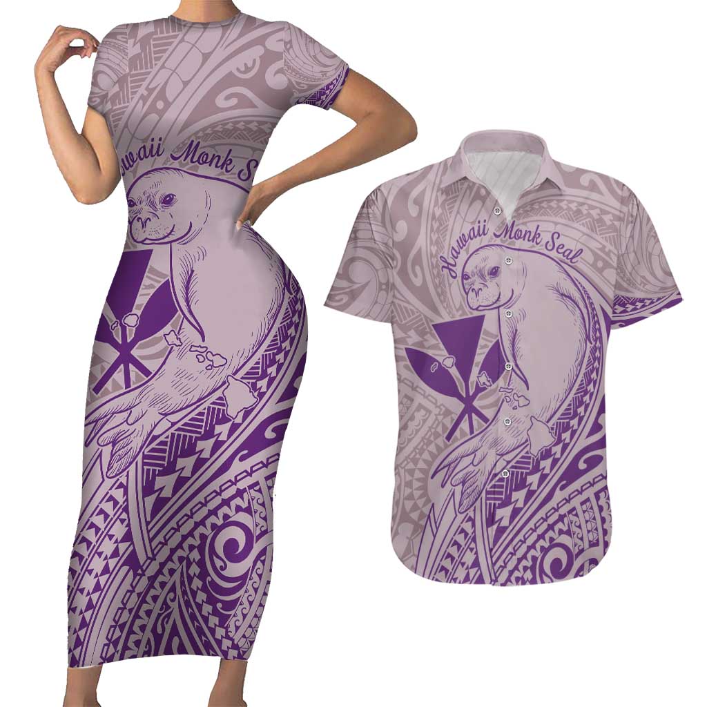 Hawaii Monk Seal and Map Couples Matching Short Sleeve Bodycon Dress and Hawaiian Shirt Polynesian Kanaka Maoli Violet Vibe LT9 Violet - Polynesian Pride