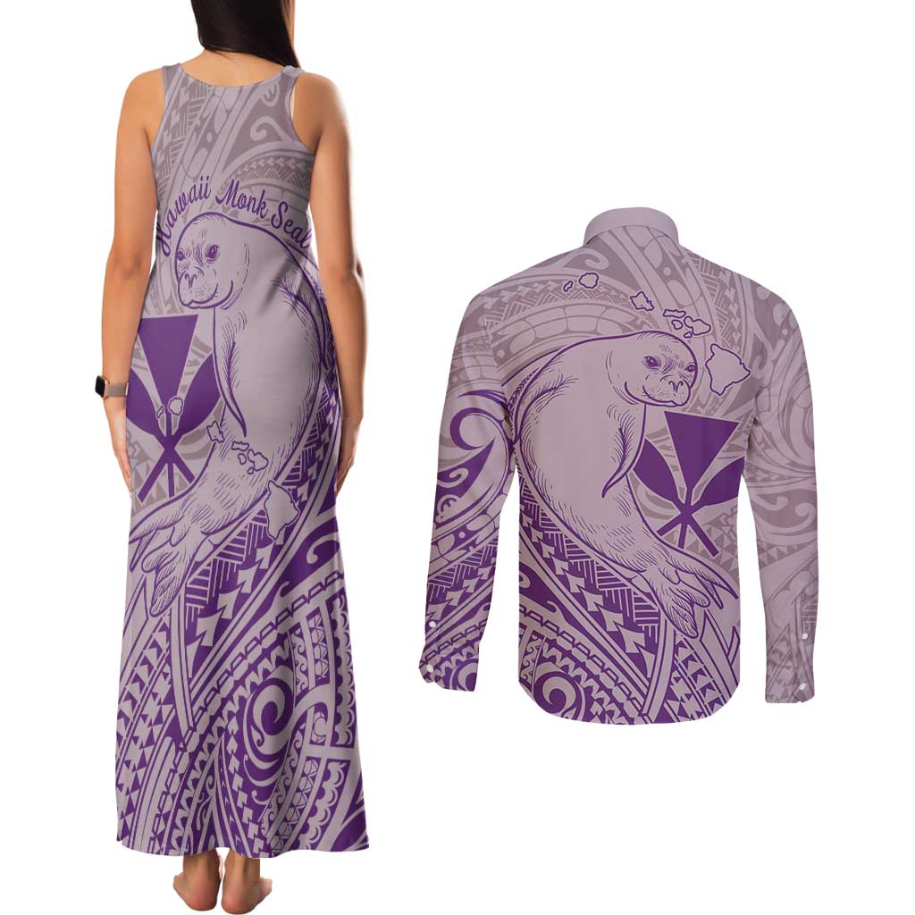 Hawaii Monk Seal and Map Couples Matching Tank Maxi Dress and Long Sleeve Button Shirt Polynesian Kanaka Maoli Violet Vibe