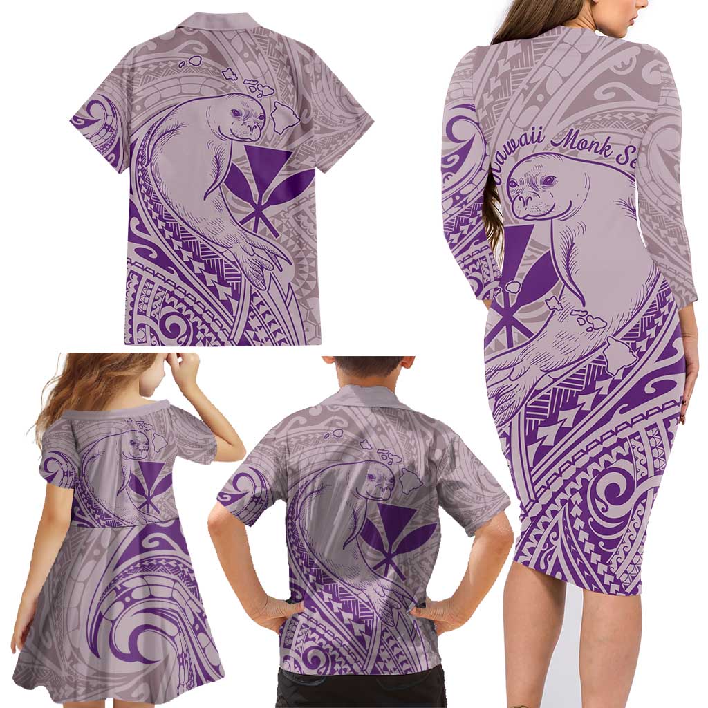 Hawaii Monk Seal and Map Family Matching Long Sleeve Bodycon Dress and Hawaiian Shirt Polynesian Kanaka Maoli Violet Vibe LT9 - Polynesian Pride