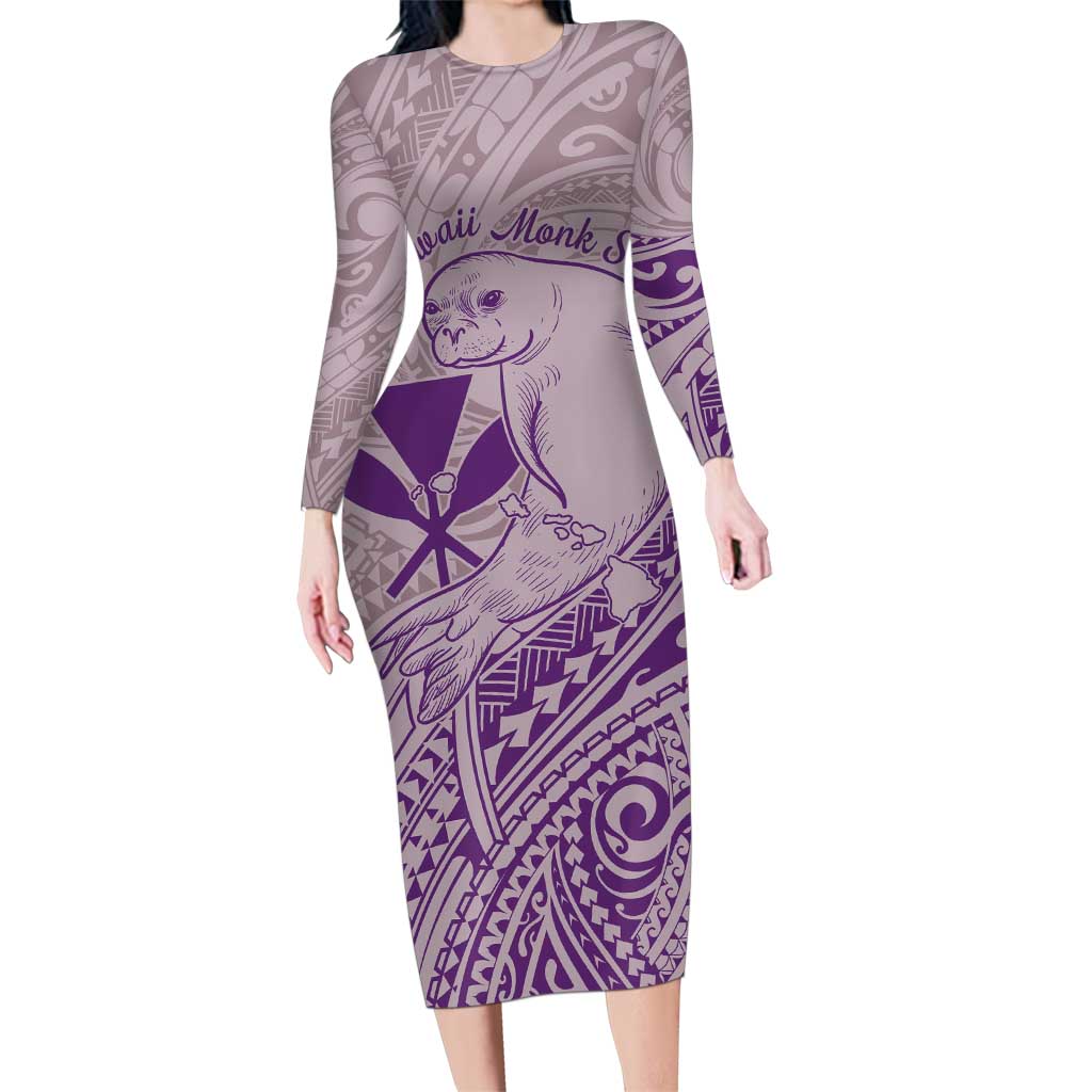 Hawaii Monk Seal and Map Family Matching Long Sleeve Bodycon Dress and Hawaiian Shirt Polynesian Kanaka Maoli Violet Vibe LT9 Mom's Dress Violet - Polynesian Pride