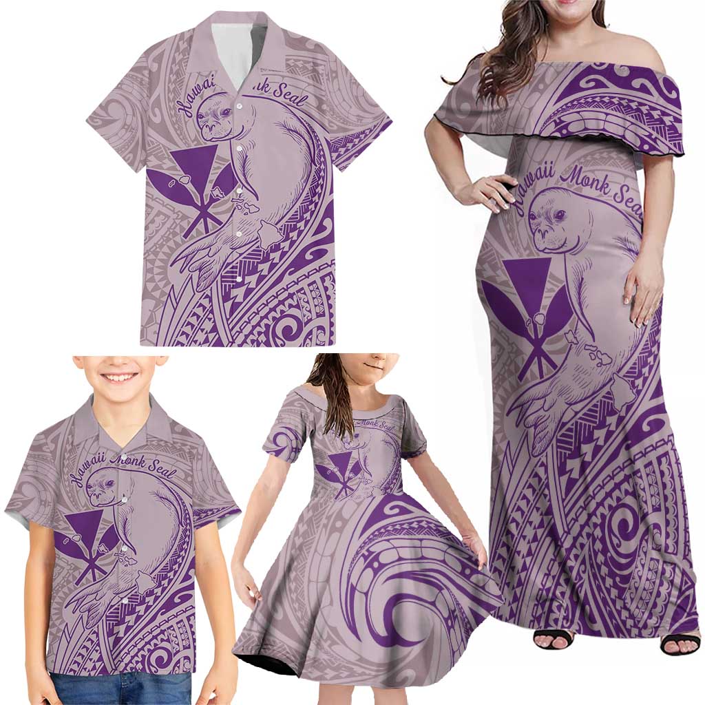 Hawaii Monk Seal and Map Family Matching Off Shoulder Maxi Dress and Hawaiian Shirt Polynesian Kanaka Maoli Violet Vibe LT9 - Polynesian Pride