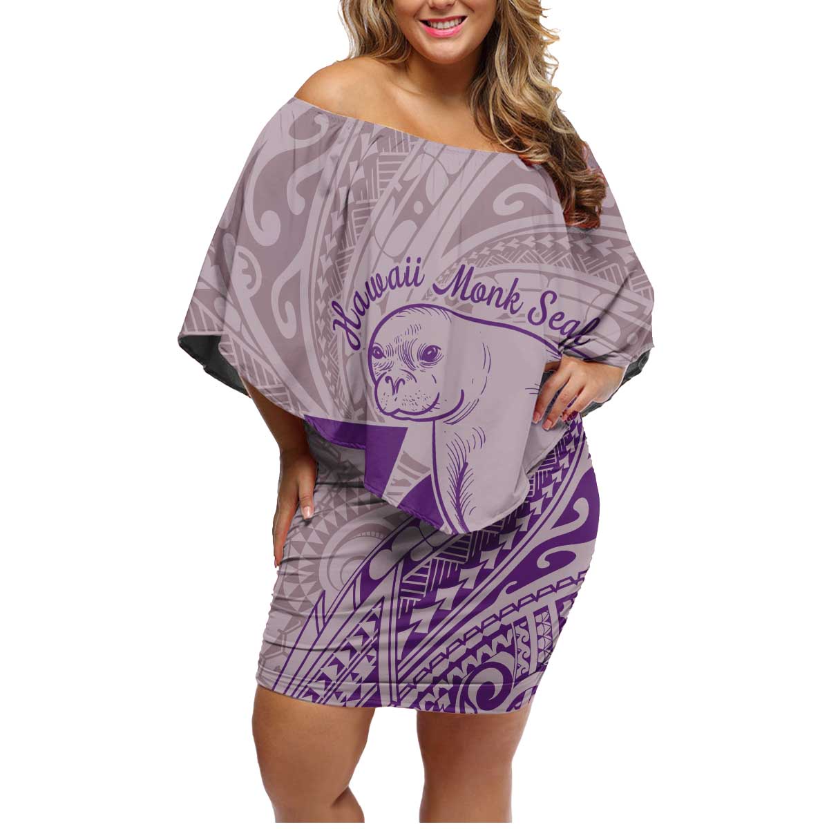 Hawaii Monk Seal and Map Family Matching Off Shoulder Short Dress and Hawaiian Shirt Polynesian Kanaka Maoli Violet Vibe LT9 Mom's Dress Violet - Polynesian Pride