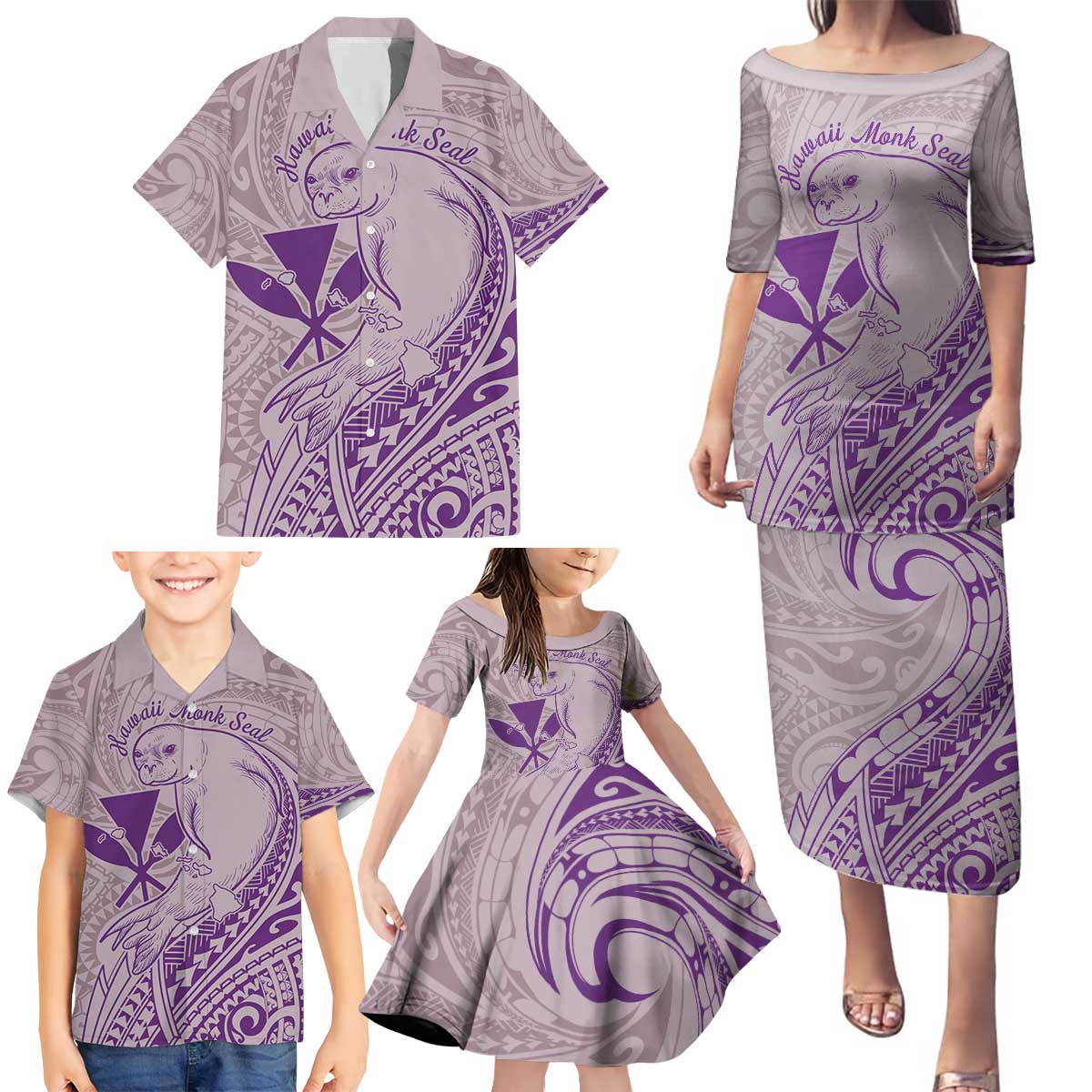 Hawaii Monk Seal and Map Family Matching Puletasi and Hawaiian Shirt Polynesian Kanaka Maoli Violet Vibe LT9 - Polynesian Pride