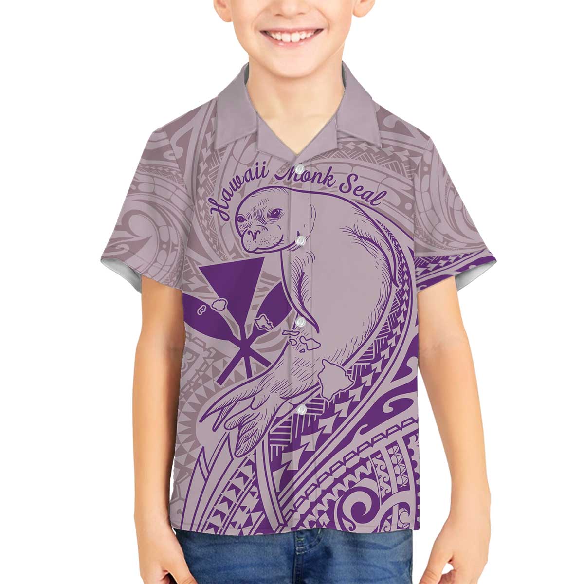 Hawaii Monk Seal and Map Family Matching Puletasi and Hawaiian Shirt Polynesian Kanaka Maoli Violet Vibe LT9 Son's Shirt Violet - Polynesian Pride