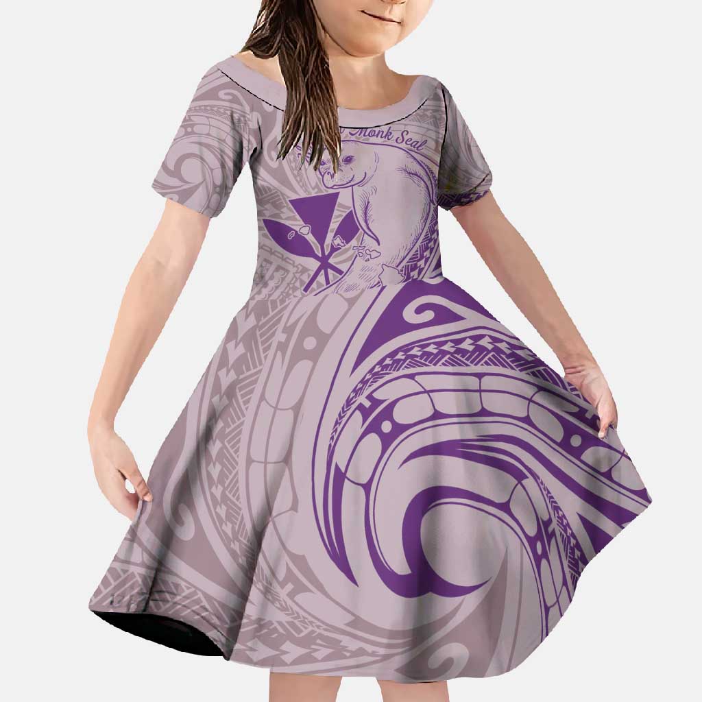 Hawaii Monk Seal and Map Family Matching Short Sleeve Bodycon Dress and Hawaiian Shirt Polynesian Kanaka Maoli Violet Vibe LT9 Daughter's Dress Violet - Polynesian Pride