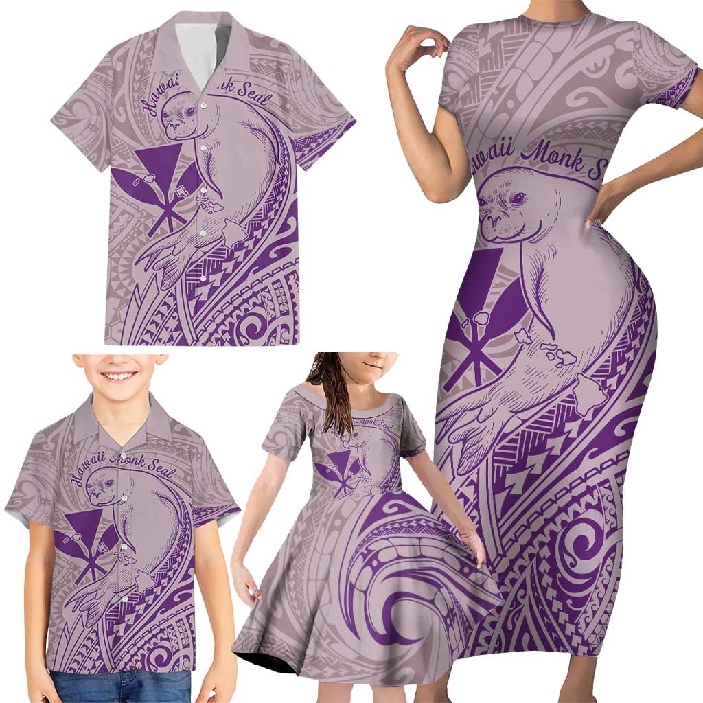 Hawaii Monk Seal and Map Family Matching Short Sleeve Bodycon Dress and Hawaiian Shirt Polynesian Kanaka Maoli Violet Vibe LT9 - Polynesian Pride