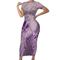Hawaii Monk Seal and Map Family Matching Short Sleeve Bodycon Dress and Hawaiian Shirt Polynesian Kanaka Maoli Violet Vibe LT9 Mom's Dress Violet - Polynesian Pride