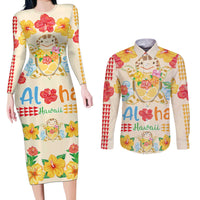 Kawaii Turtle Couples Matching Long Sleeve Bodycon Dress and Long Sleeve Button Shirt Aloha Hibiscus Flowers
