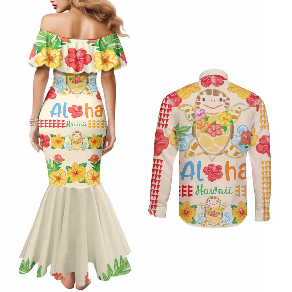 Kawaii Turtle Couples Matching Mermaid Dress and Long Sleeve Button Shirt Aloha Hibiscus Flowers