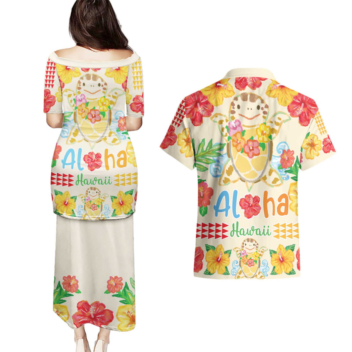 Kawaii Turtle Couples Matching Puletasi and Hawaiian Shirt Aloha Hibiscus Flowers