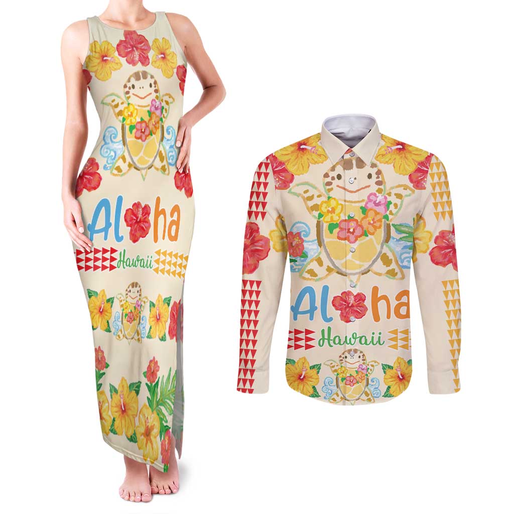 Kawaii Turtle Couples Matching Tank Maxi Dress and Long Sleeve Button Shirt Aloha Hibiscus Flowers