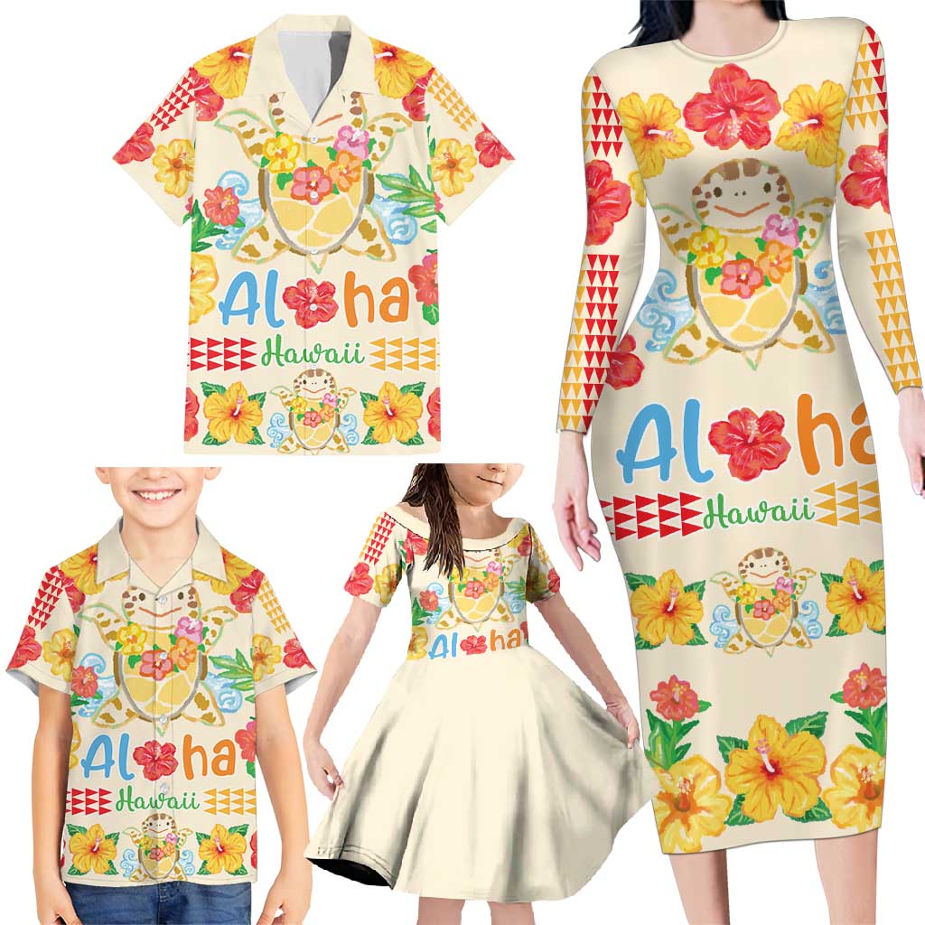 Kawaii Turtle Family Matching Long Sleeve Bodycon Dress and Hawaiian Shirt Aloha Hibiscus Flowers LT9 - Polynesian Pride