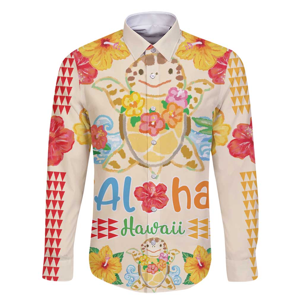 Kawaii Turtle Family Matching Mermaid Dress and Hawaiian Shirt Aloha Hibiscus Flowers LT9 Dad's Shirt - Long Sleeve Beige - Polynesian Pride