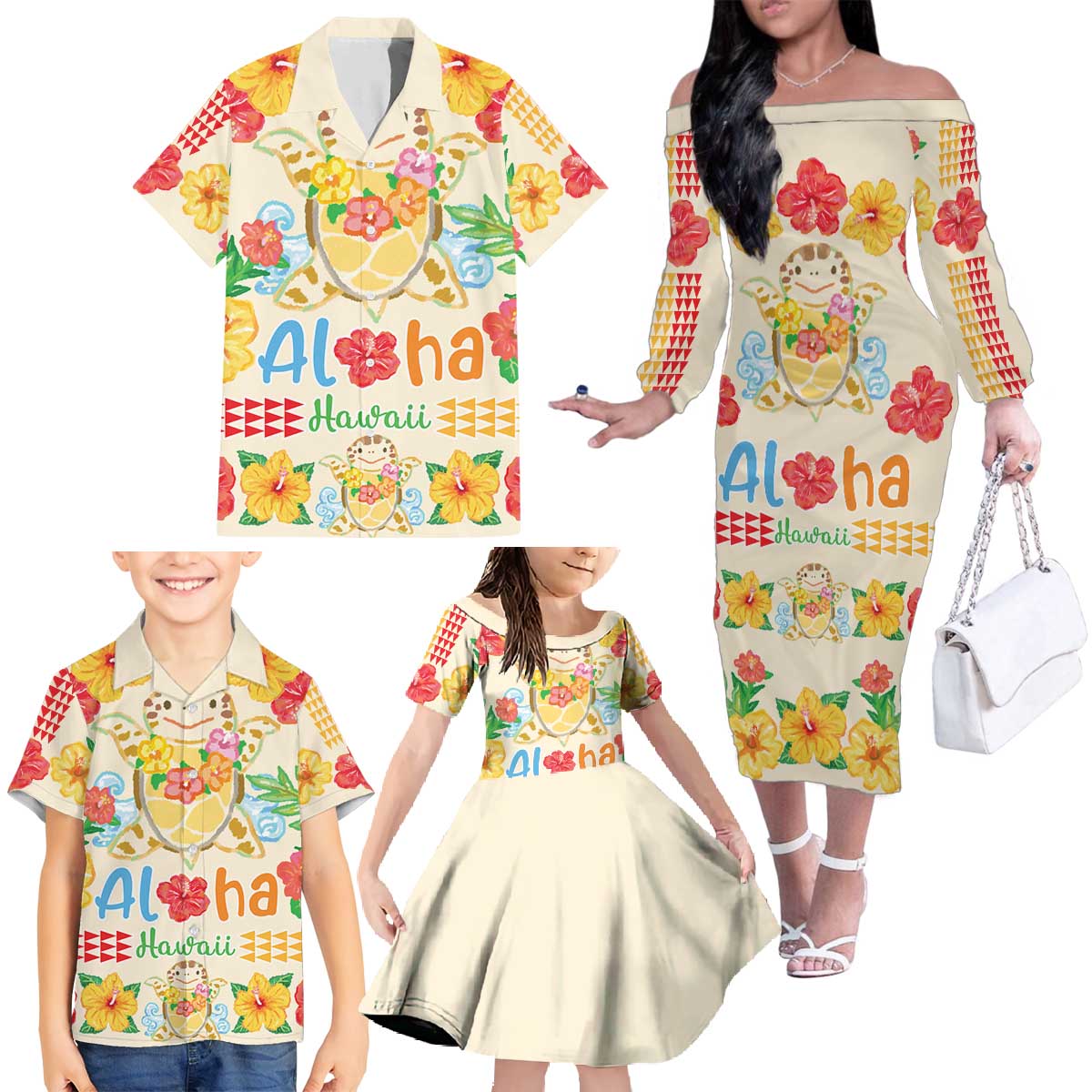 Kawaii Turtle Family Matching Off The Shoulder Long Sleeve Dress and Hawaiian Shirt Aloha Hibiscus Flowers LT9 - Polynesian Pride