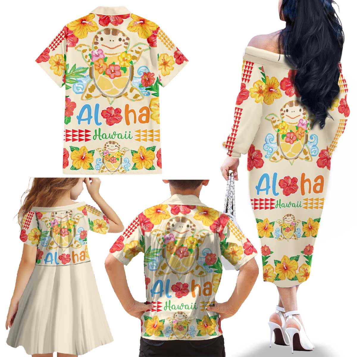 Kawaii Turtle Family Matching Off The Shoulder Long Sleeve Dress and Hawaiian Shirt Aloha Hibiscus Flowers LT9 - Polynesian Pride