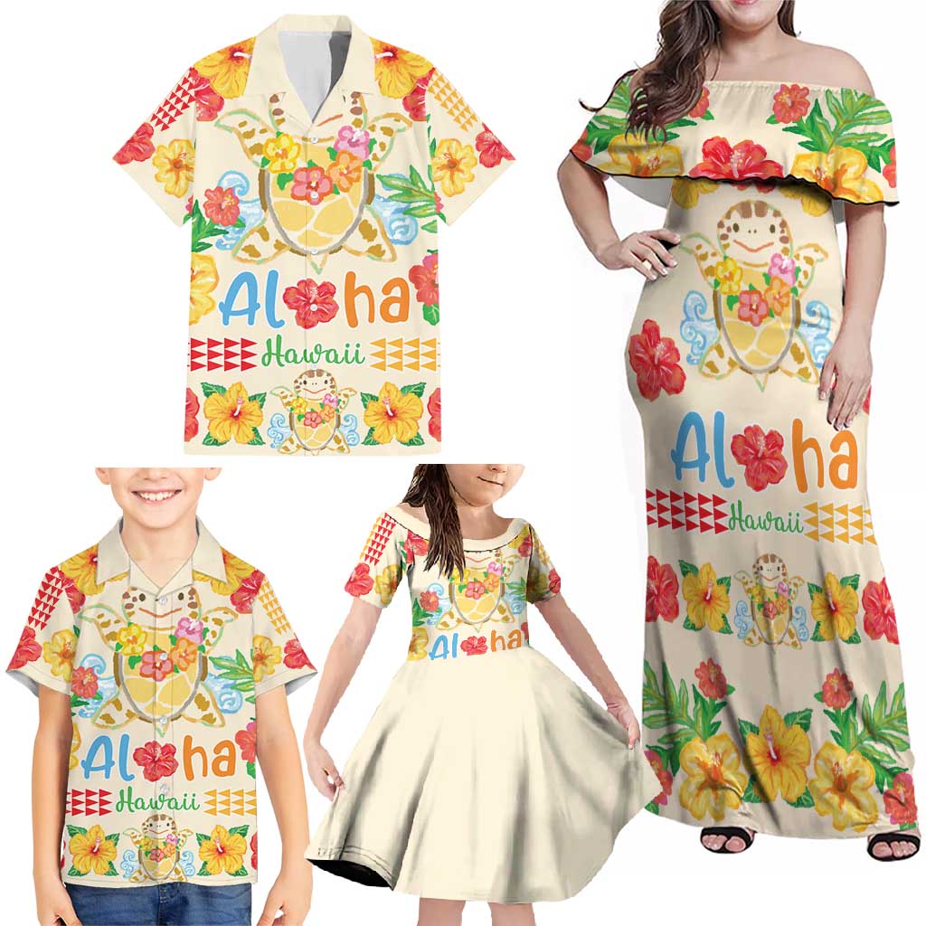 Kawaii Turtle Family Matching Off Shoulder Maxi Dress and Hawaiian Shirt Aloha Hibiscus Flowers LT9 - Polynesian Pride