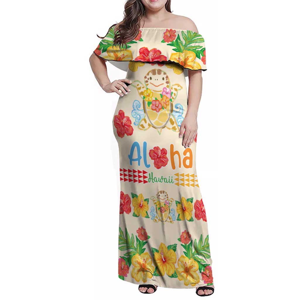 Kawaii Turtle Family Matching Off Shoulder Maxi Dress and Hawaiian Shirt Aloha Hibiscus Flowers LT9 Mom's Dress Beige - Polynesian Pride
