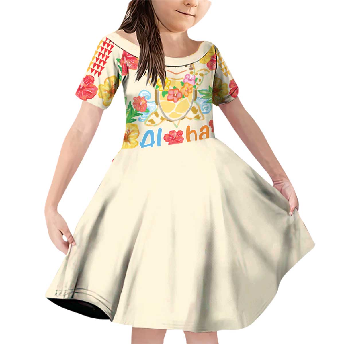 Kawaii Turtle Family Matching Off Shoulder Short Dress and Hawaiian Shirt Aloha Hibiscus Flowers LT9 Daughter's Dress Beige - Polynesian Pride