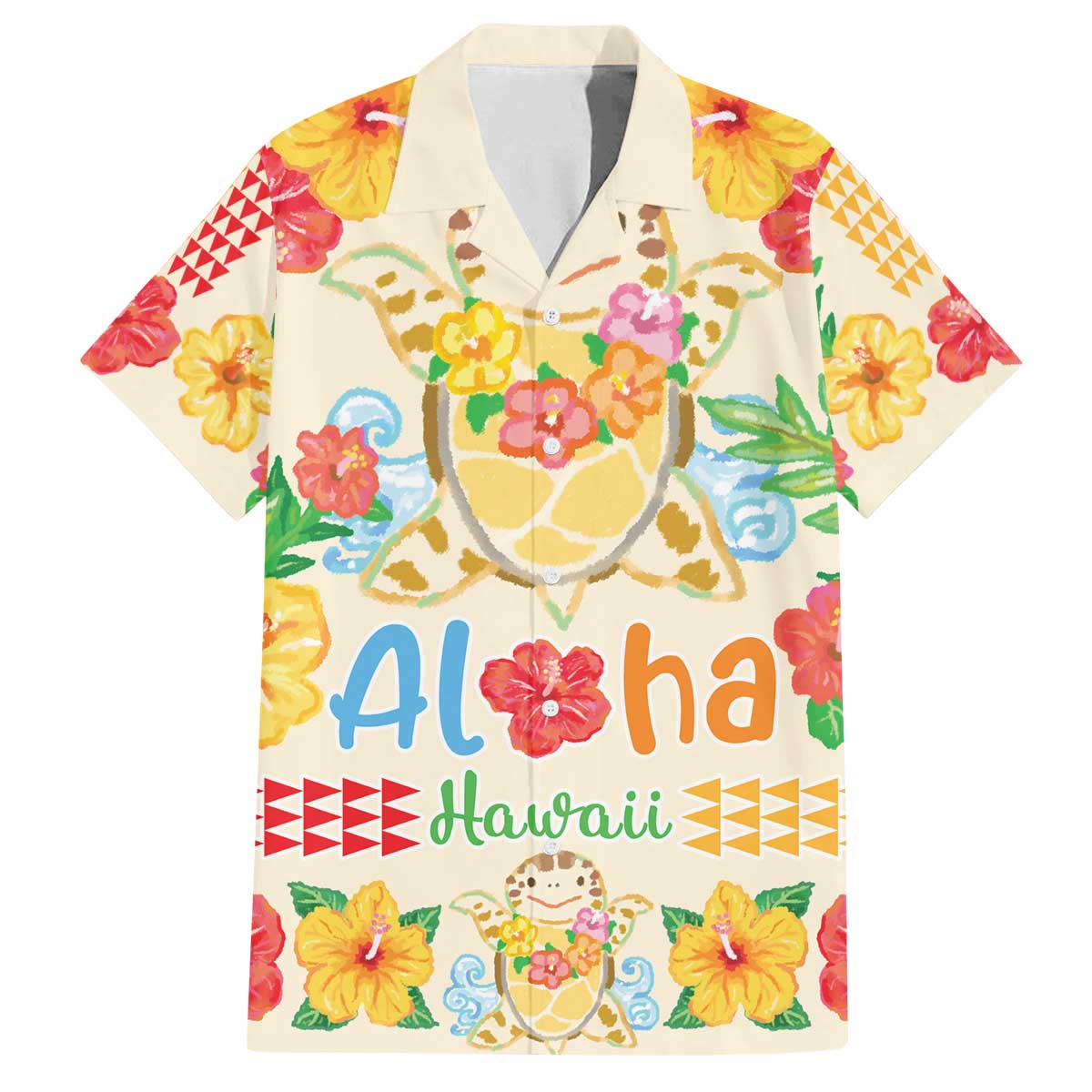 Kawaii Turtle Family Matching Off Shoulder Short Dress and Hawaiian Shirt Aloha Hibiscus Flowers LT9 Dad's Shirt - Short Sleeve Beige - Polynesian Pride