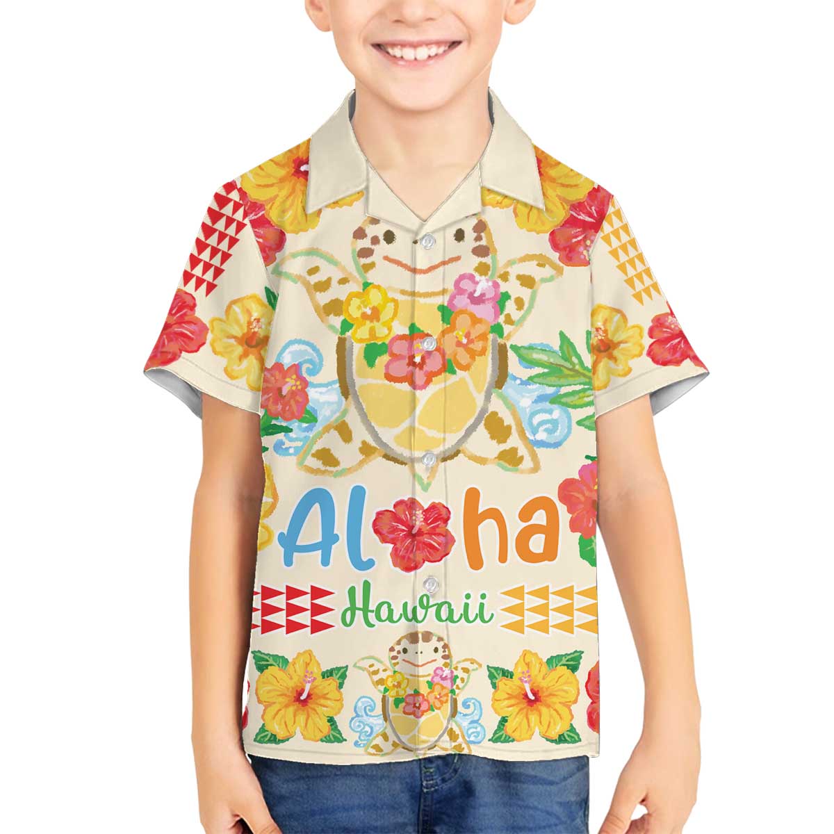 Kawaii Turtle Family Matching Off Shoulder Short Dress and Hawaiian Shirt Aloha Hibiscus Flowers LT9 Son's Shirt Beige - Polynesian Pride